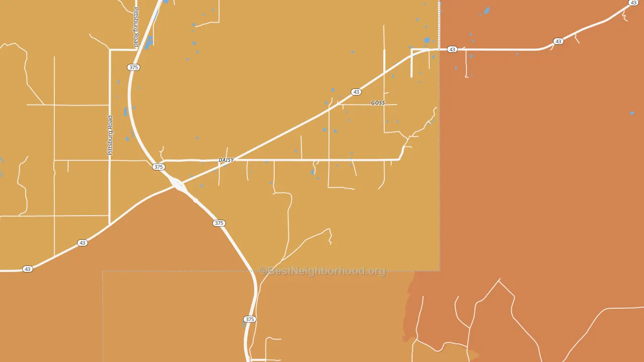Map of the best neighborhoods in the Daisy area, with better matches in green and worse matches in red