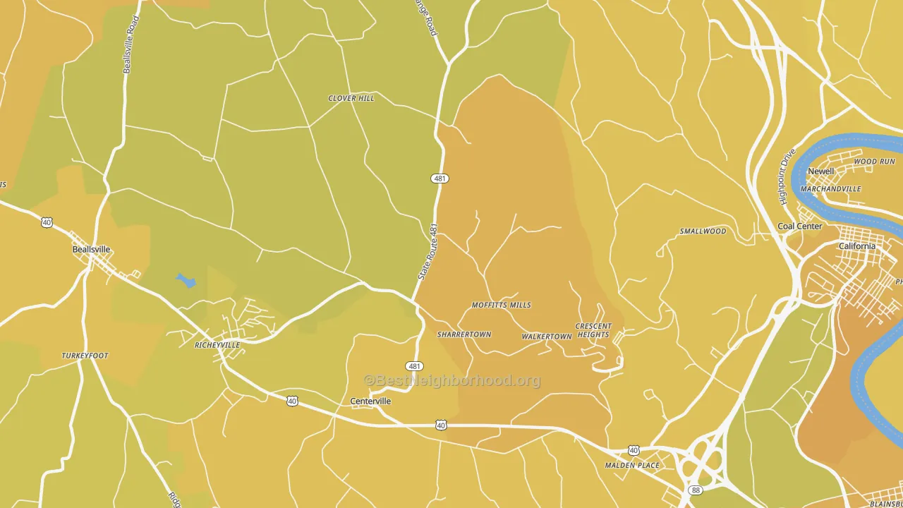 Map of the best neighborhoods in the Daisytown area, with better matches in green and worse matches in red