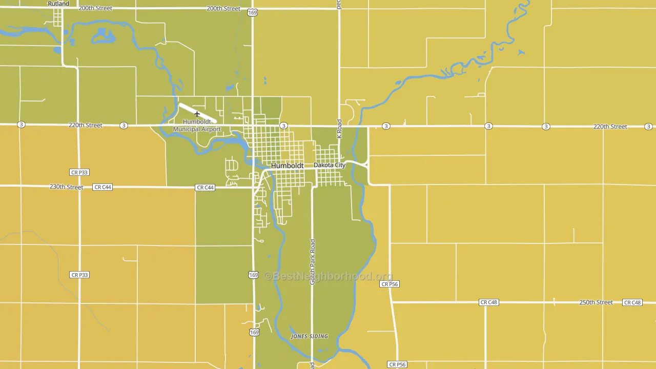 Map of the best neighborhoods in the Dakota City area, with better matches in green and worse matches in red
