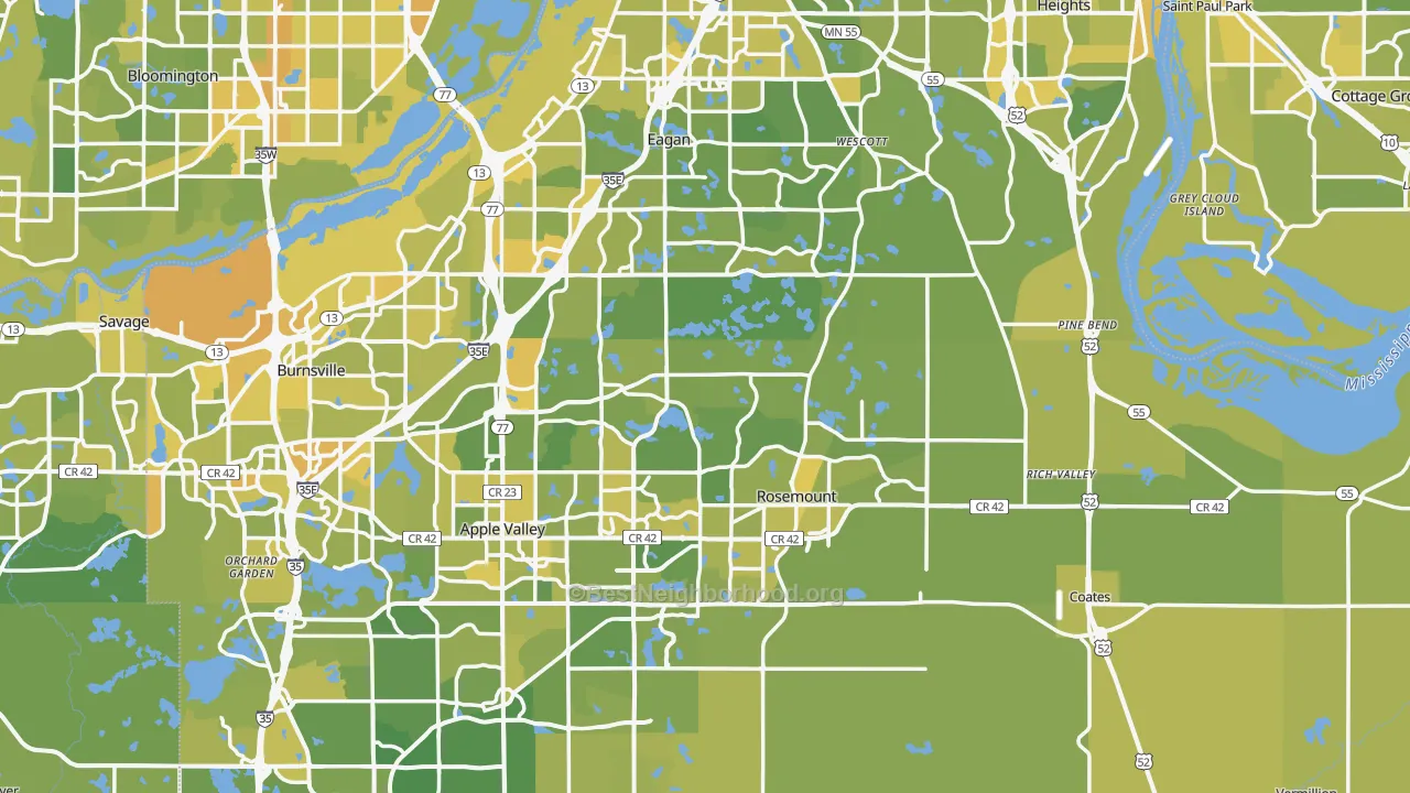 Map of the best neighborhoods in the Dakota County area, with better matches in green and worse matches in red