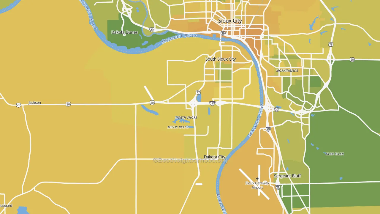 Map of the best neighborhoods in the Dakota County area, with better matches in green and worse matches in red