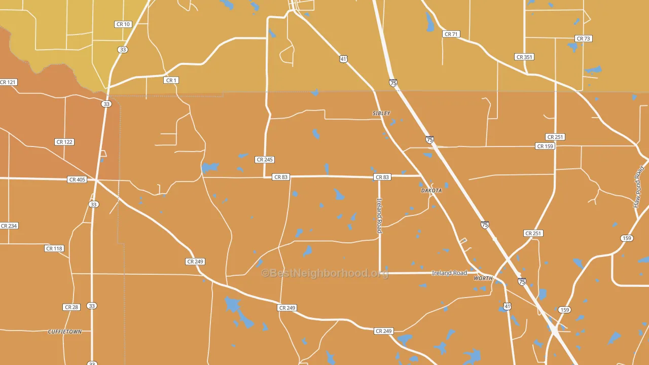 Map of the best neighborhoods in the Dakota area, with better matches in green and worse matches in red