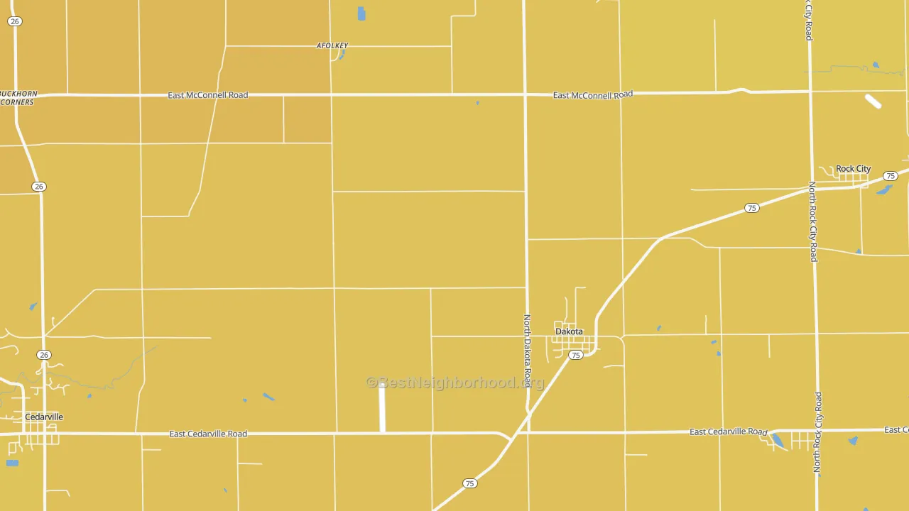 Map of the best neighborhoods in the Dakota area, with better matches in green and worse matches in red