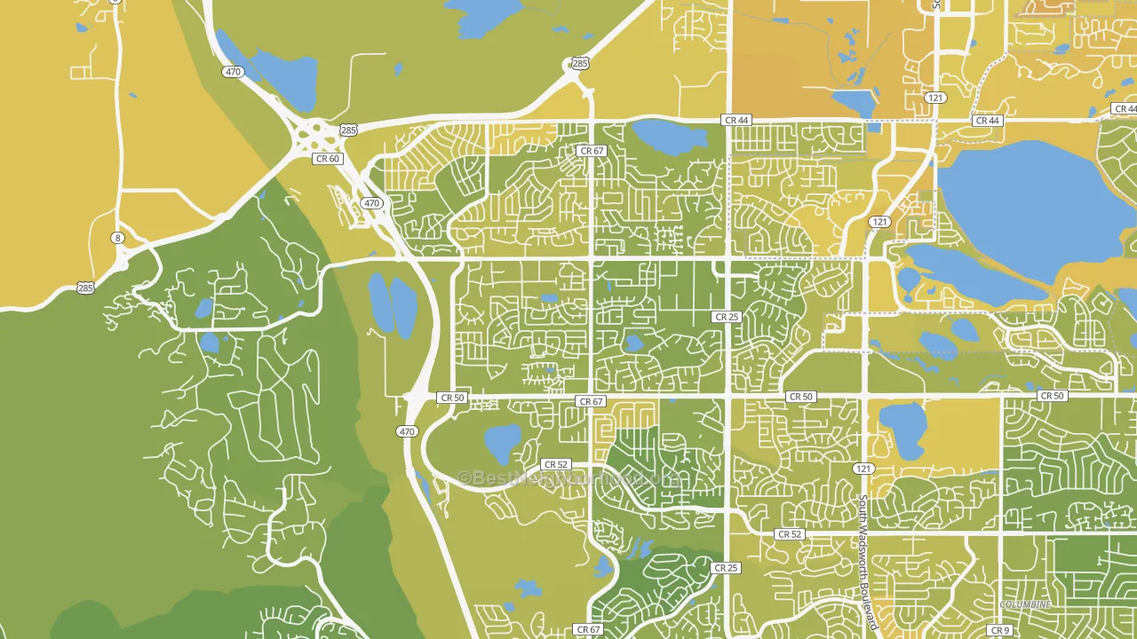Map of the best neighborhoods in the Dakota Ridge area, with better matches in green and worse matches in red
