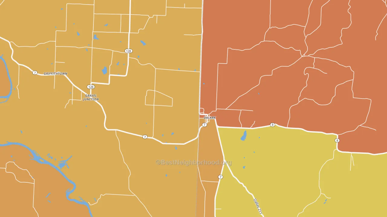 Map of the best neighborhoods in the Dalark area, with better matches in green and worse matches in red