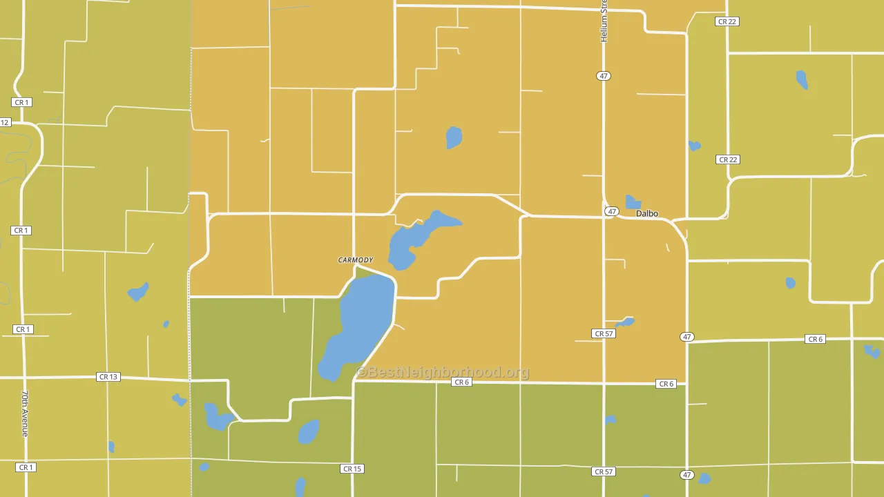 Map of the best neighborhoods in the Dalbo area, with better matches in green and worse matches in red