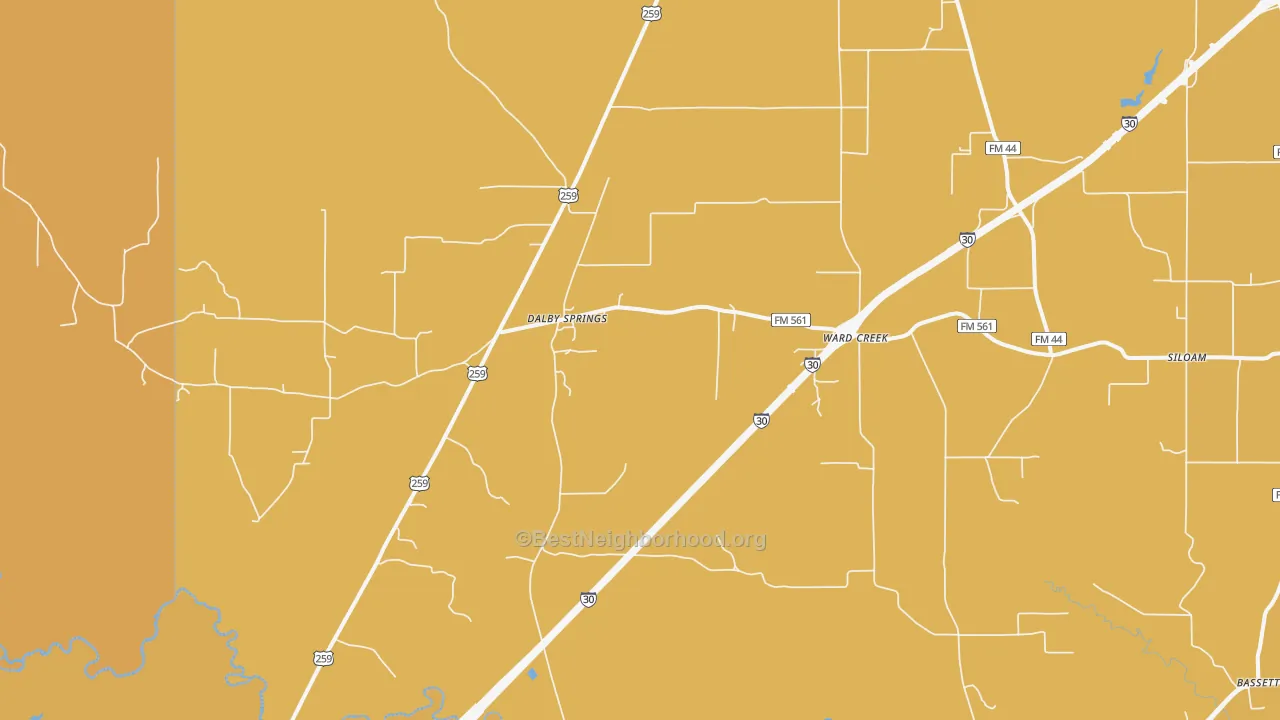 Map of the best neighborhoods in the Dalby Springs area, with better matches in green and worse matches in red