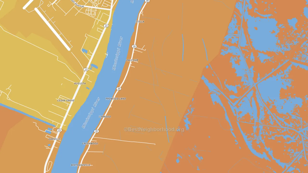 Map of the best neighborhoods in the Dalcour area, with better matches in green and worse matches in red