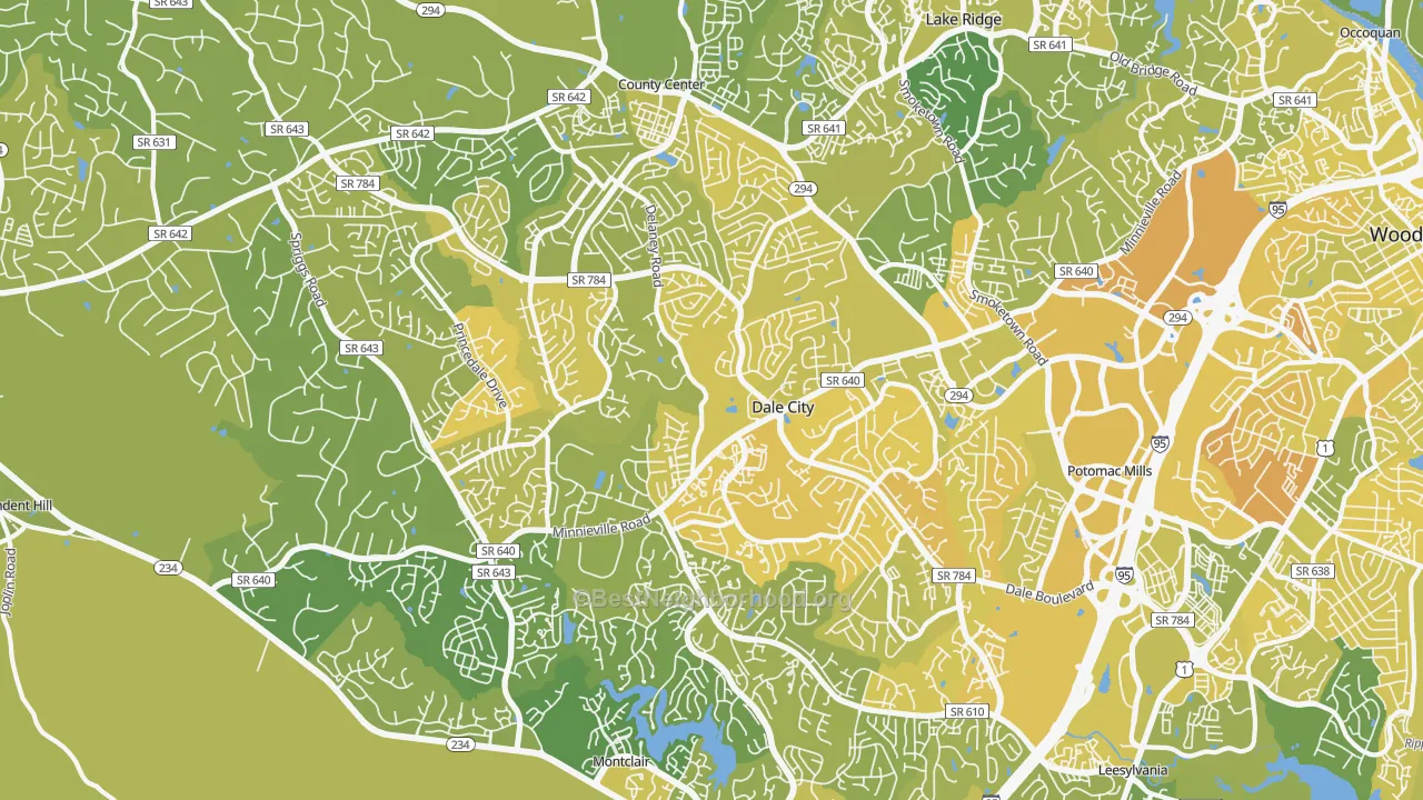 Map of the best neighborhoods in the Dale City area, with better matches in green and worse matches in red