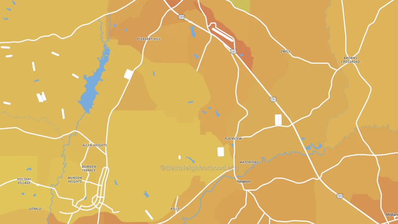 Map of the best neighborhoods in the Dale County area, with better matches in green and worse matches in red