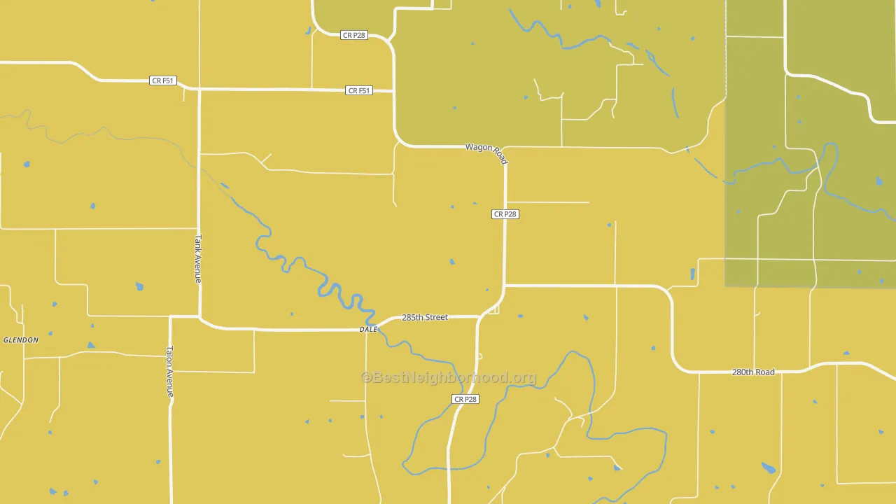Map of the best neighborhoods in the Dale area, with better matches in green and worse matches in red