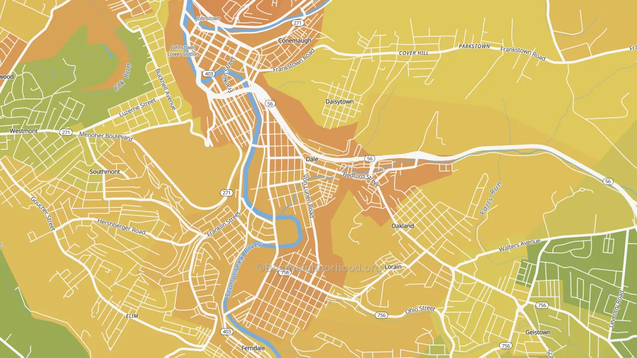 Map of the best neighborhoods in the Dale area, with better matches in green and worse matches in red
