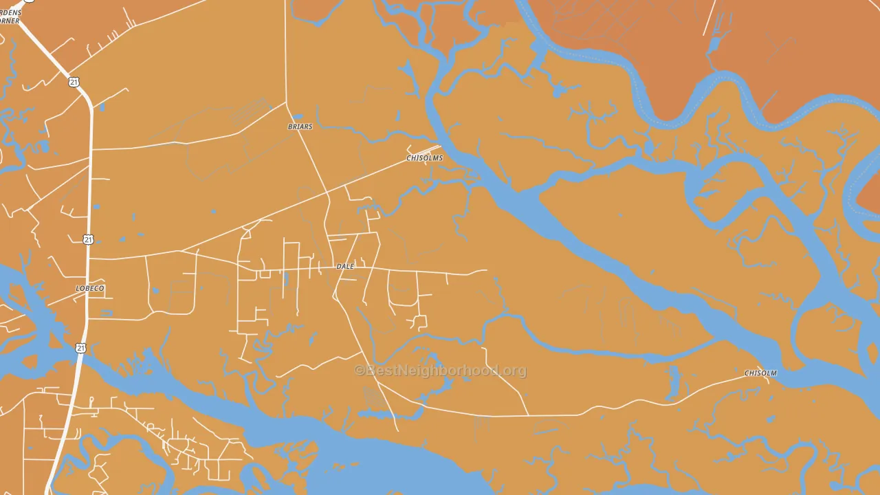 Map of the best neighborhoods in the Dale area, with better matches in green and worse matches in red