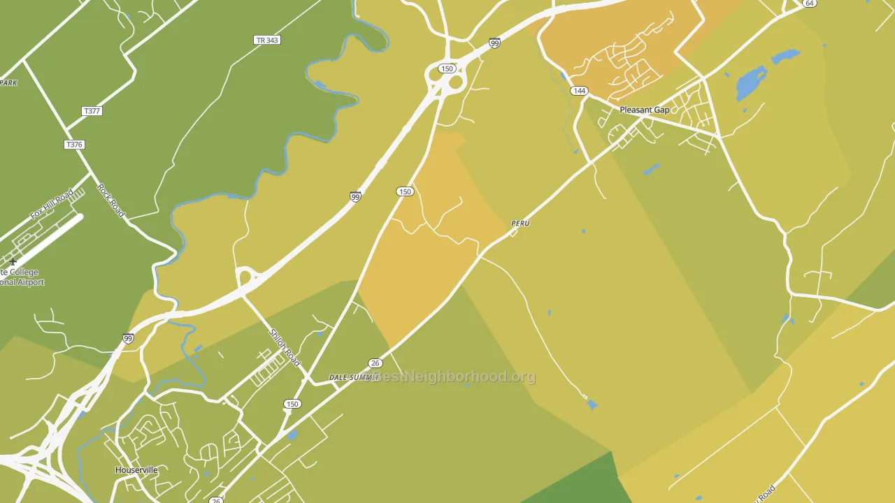 Map of the best neighborhoods in the Dale Summit area, with better matches in green and worse matches in red