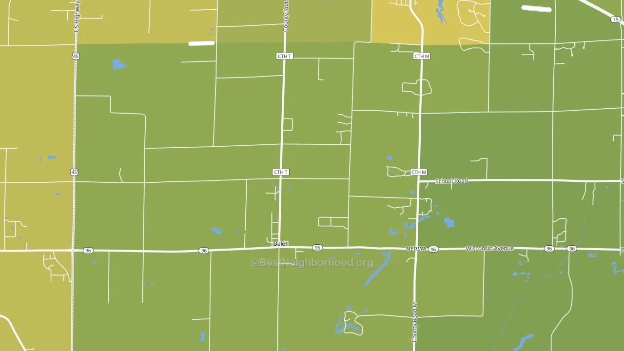 Map of the best neighborhoods in the Dale area, with better matches in green and worse matches in red