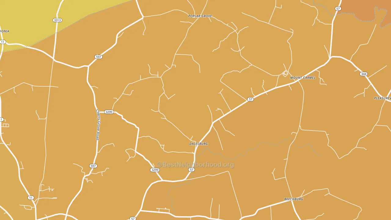 Map of the best neighborhoods in the Dalesburg area, with better matches in green and worse matches in red