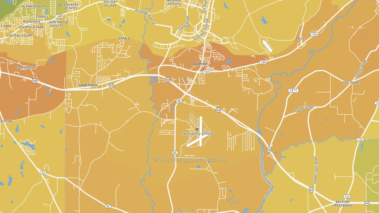 Map of the best neighborhoods in the Daleville area, with better matches in green and worse matches in red