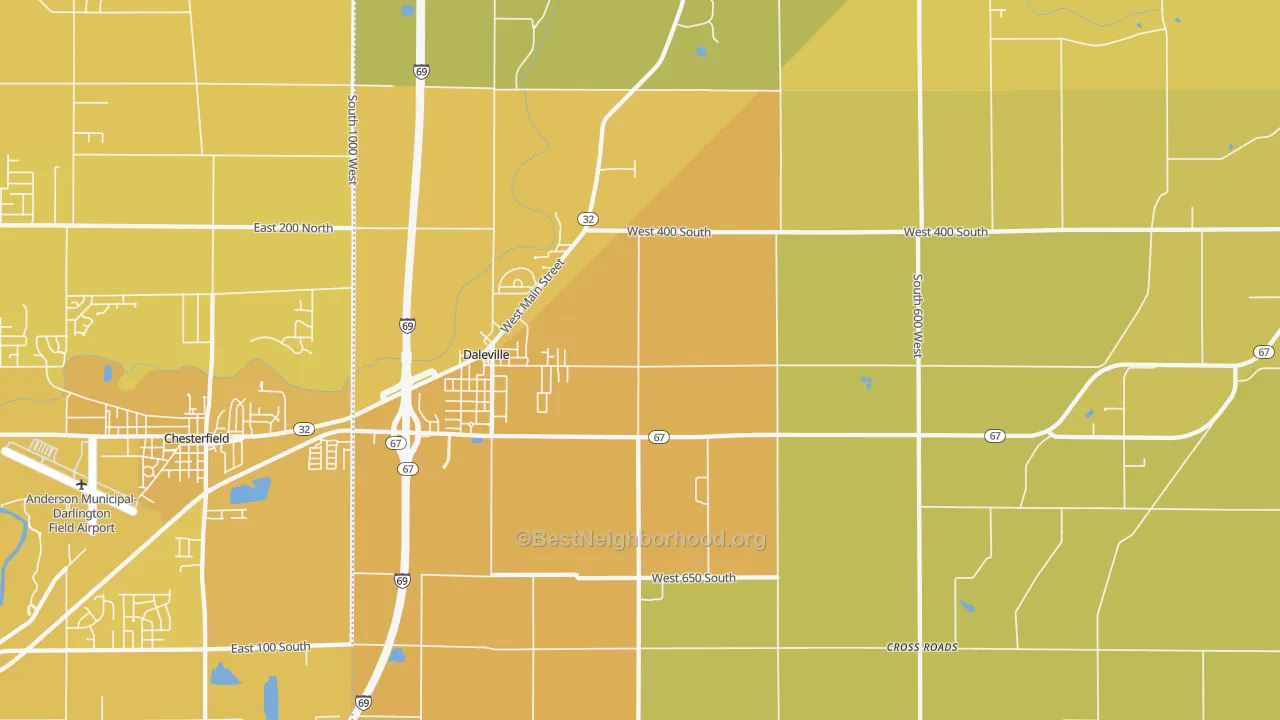 Map of the best neighborhoods in the Daleville area, with better matches in green and worse matches in red