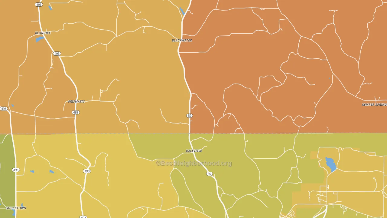 Map of the best neighborhoods in the Daleville area, with better matches in green and worse matches in red