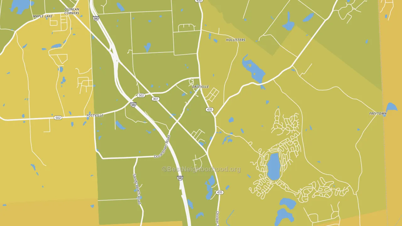 Map of the best neighborhoods in the Daleville area, with better matches in green and worse matches in red
