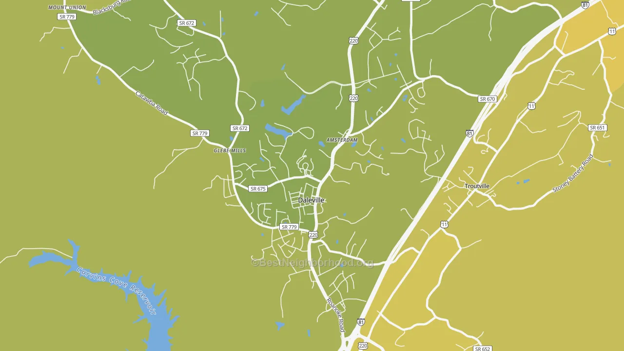 Map of the best neighborhoods in the Daleville area, with better matches in green and worse matches in red