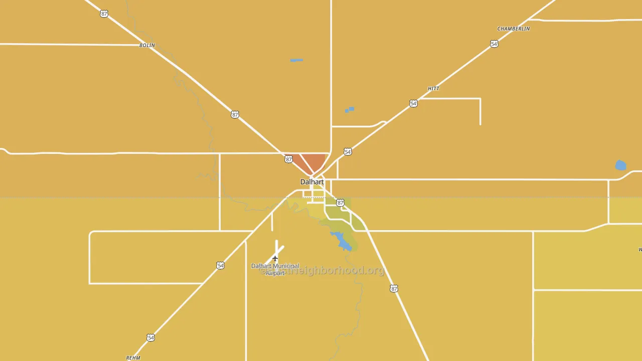 Map of the best neighborhoods in the Dalhart area, with better matches in green and worse matches in red