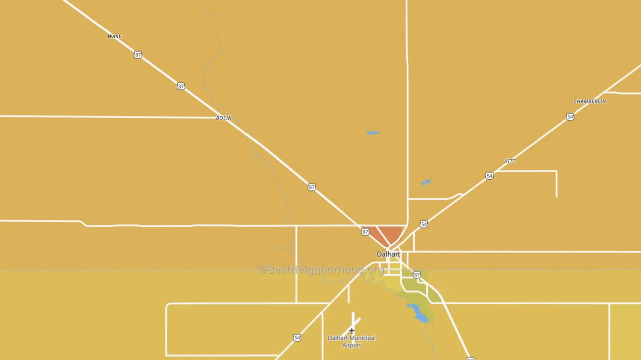 Map of the best neighborhoods in the Dallam County area, with better matches in green and worse matches in red