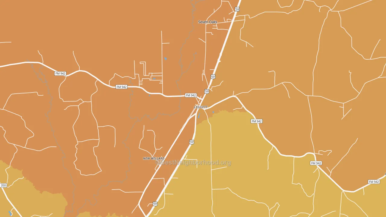 Map of the best neighborhoods in the Dallardsville area, with better matches in green and worse matches in red