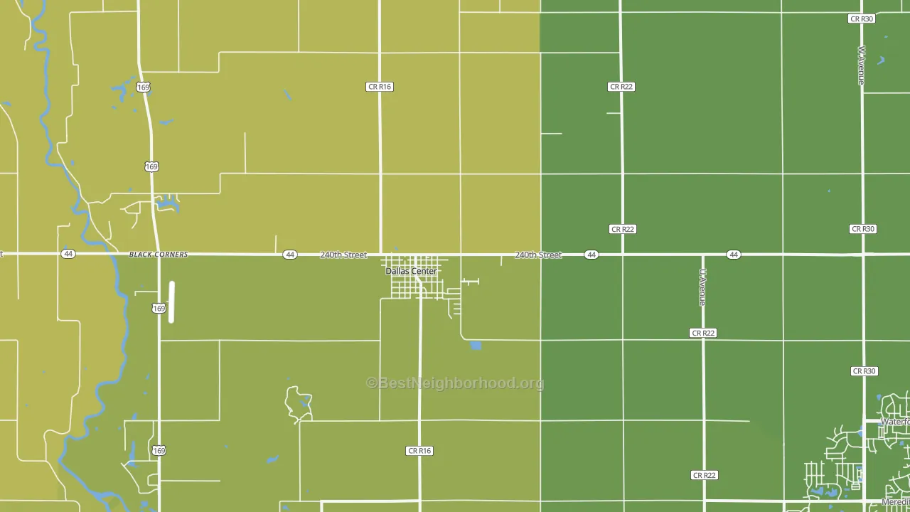 Map of the best neighborhoods in the Dallas Center area, with better matches in green and worse matches in red