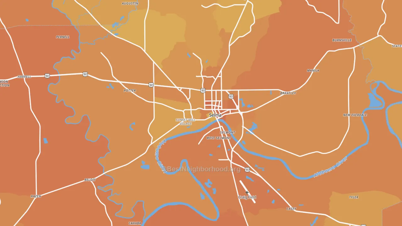 Map of the best neighborhoods in the Dallas County area, with better matches in green and worse matches in red