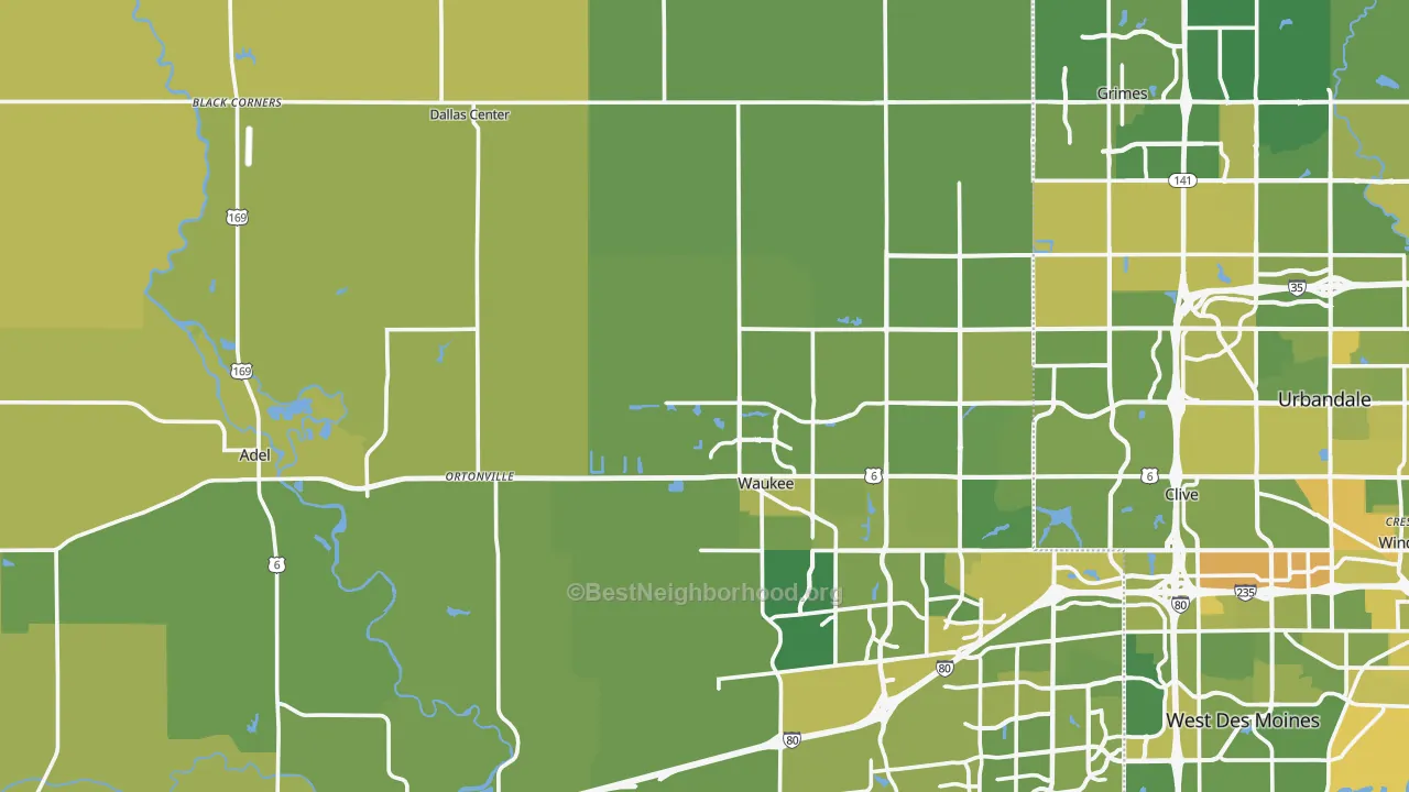 Map of the best neighborhoods in the Dallas County area, with better matches in green and worse matches in red