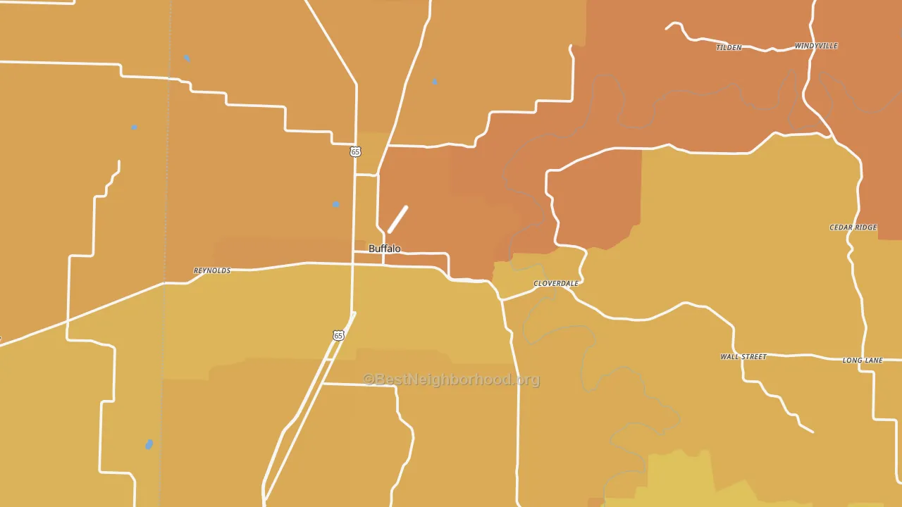 Map of the best neighborhoods in the Dallas County area, with better matches in green and worse matches in red