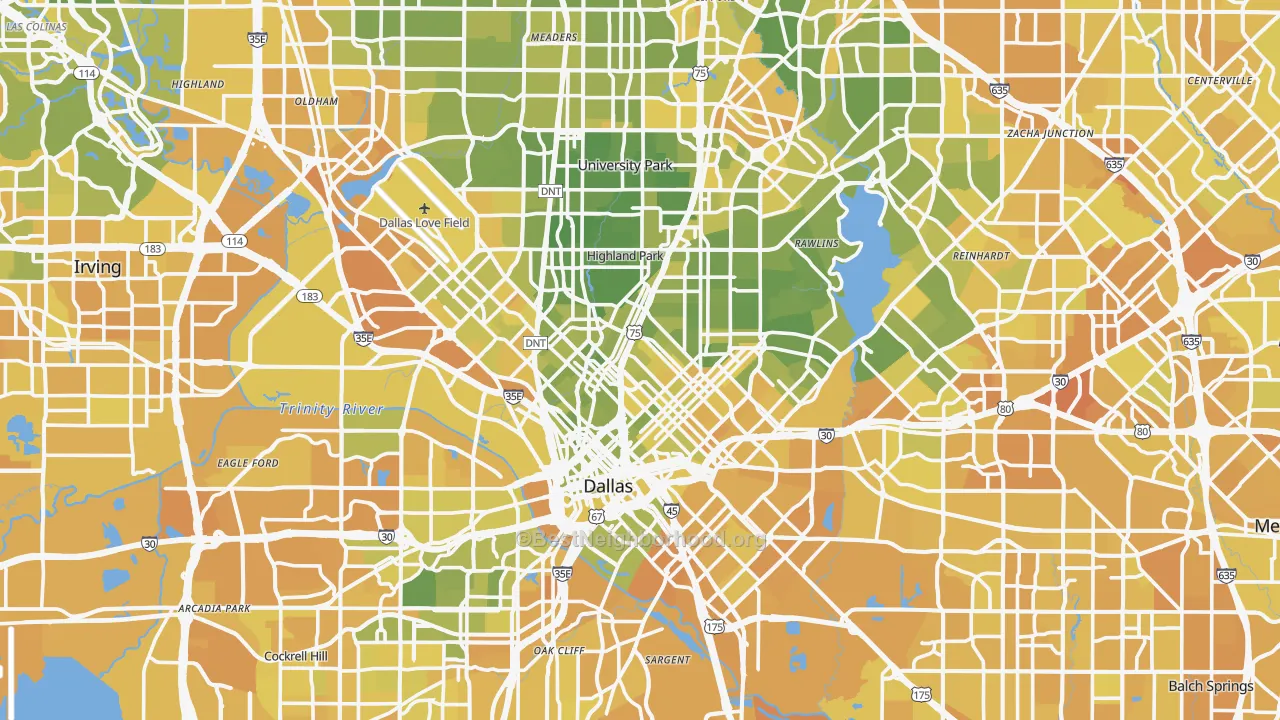 Map of the best neighborhoods in the Dallas County area, with better matches in green and worse matches in red