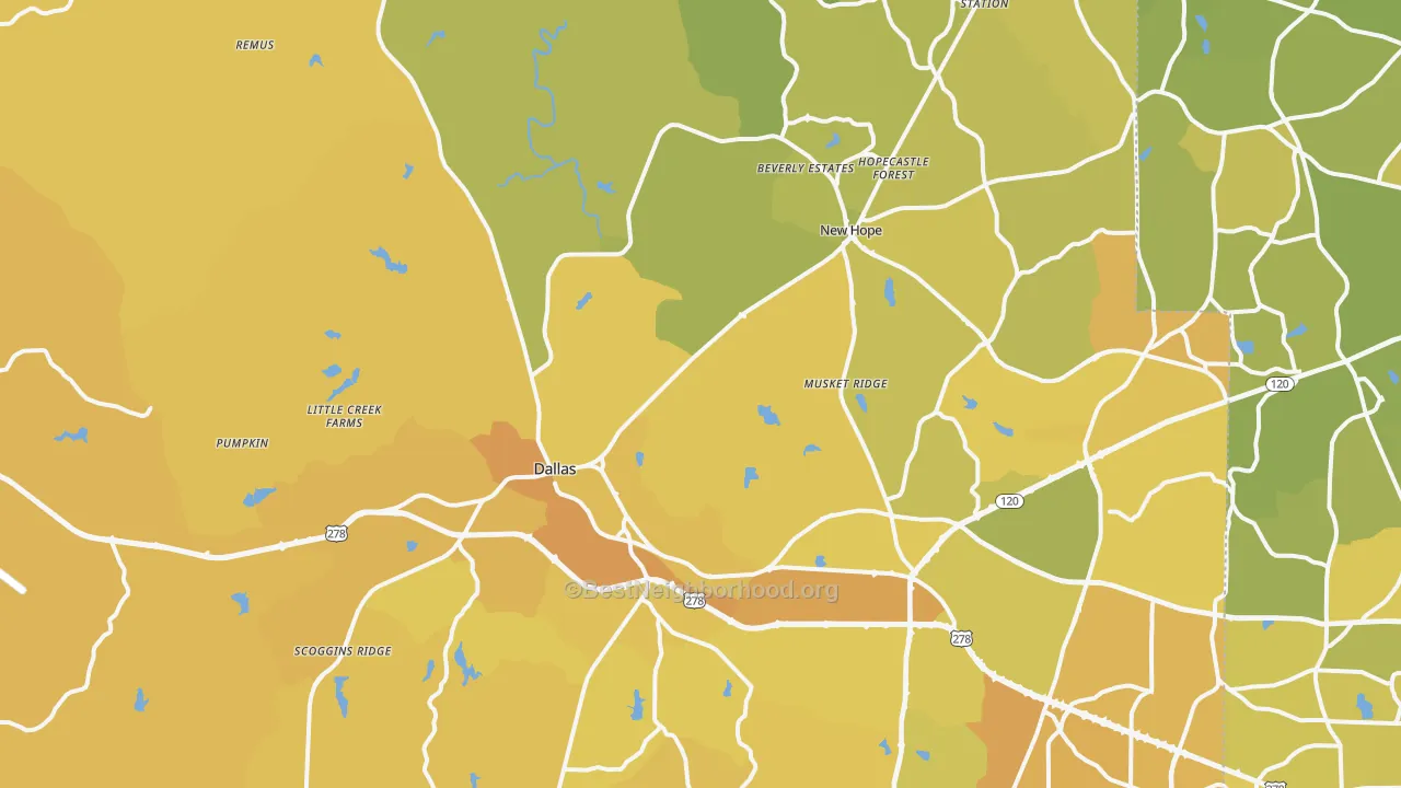 Map of the best neighborhoods in the Dallas area, with better matches in green and worse matches in red