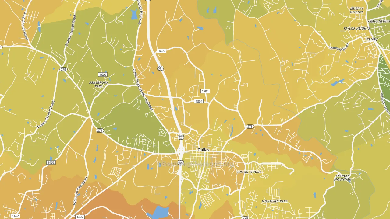 Map of the best neighborhoods in the Dallas area, with better matches in green and worse matches in red