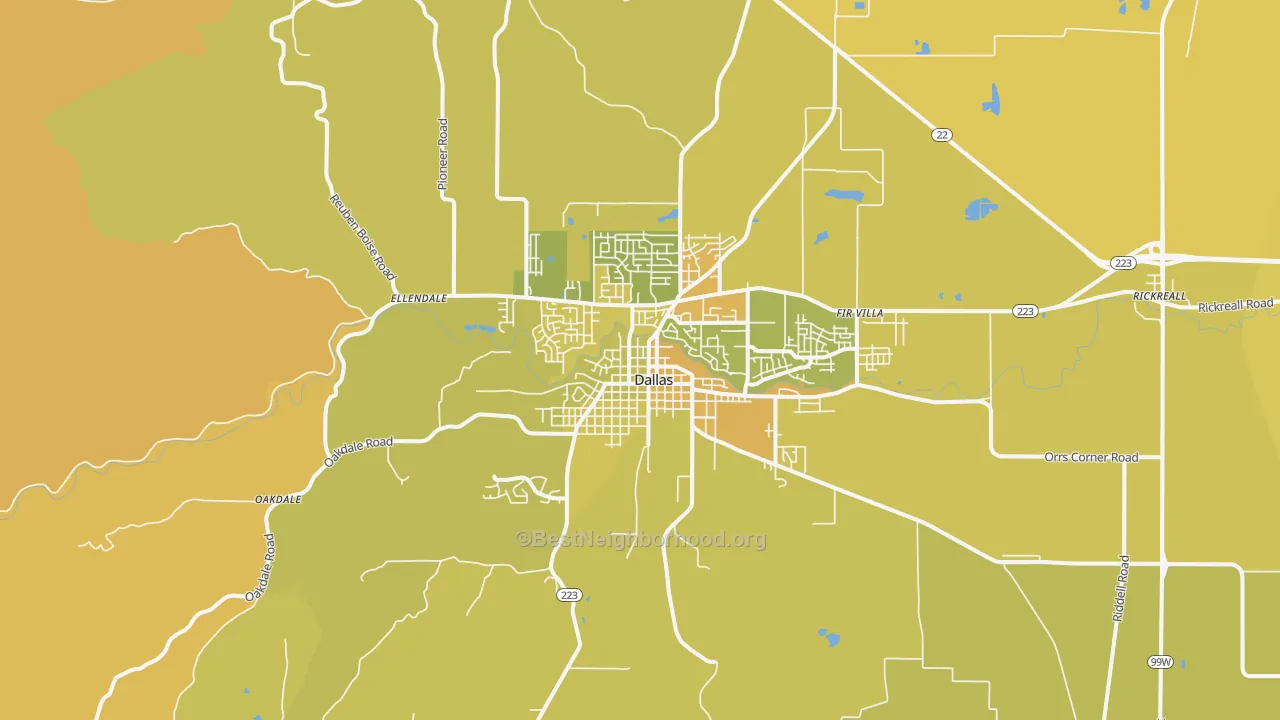 Map of the best neighborhoods in the Dallas area, with better matches in green and worse matches in red