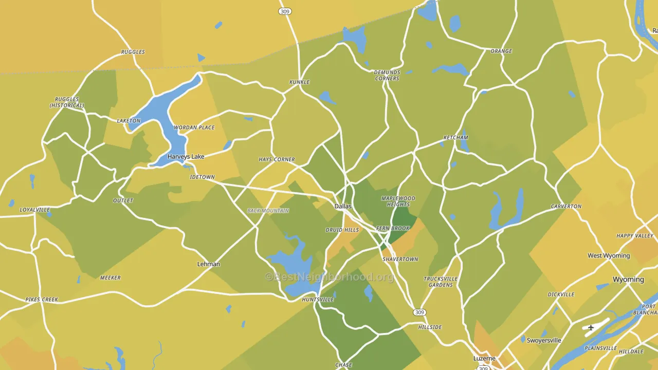 Map of the best neighborhoods in the Dallas area, with better matches in green and worse matches in red