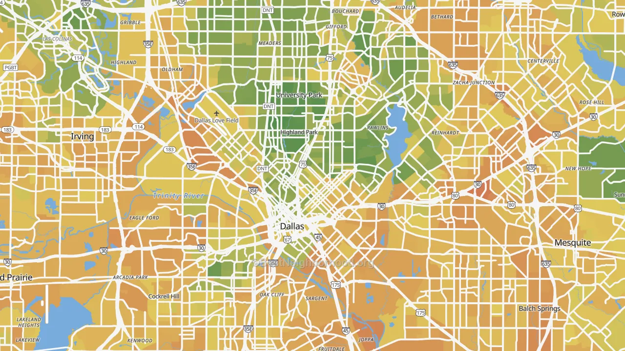 Map of the best neighborhoods in the Dallas Metro area, with better matches in green and worse matches in red