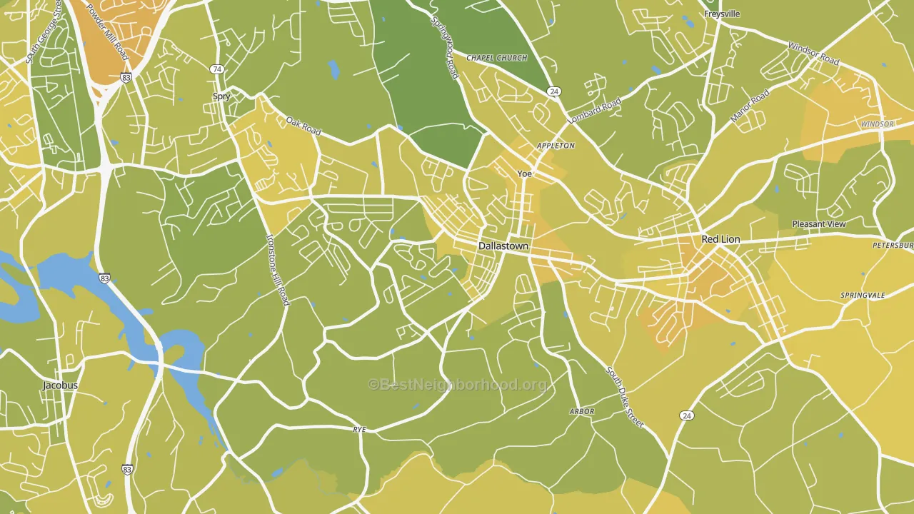 Map of the best neighborhoods in the Dallastown area, with better matches in green and worse matches in red