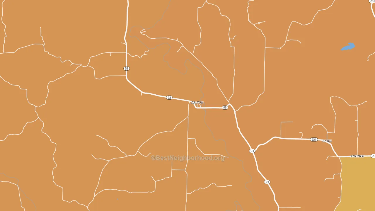 Map of the best neighborhoods in the Dalton area, with better matches in green and worse matches in red