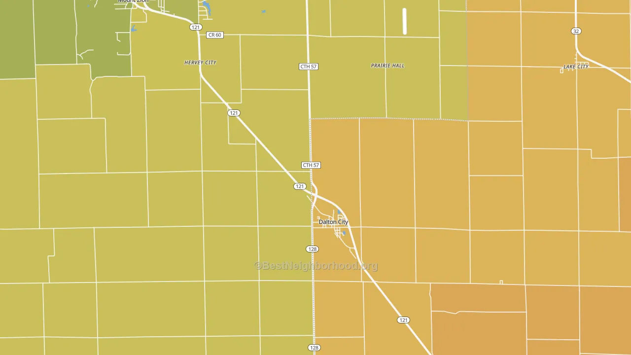 Map of the best neighborhoods in the Dalton City area, with better matches in green and worse matches in red