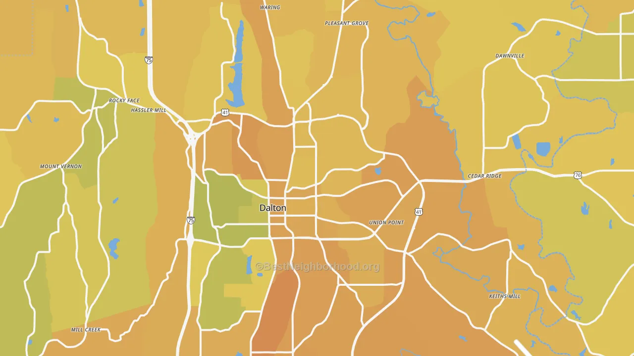 Map of the best neighborhoods in the Dalton Metro area, with better matches in green and worse matches in red