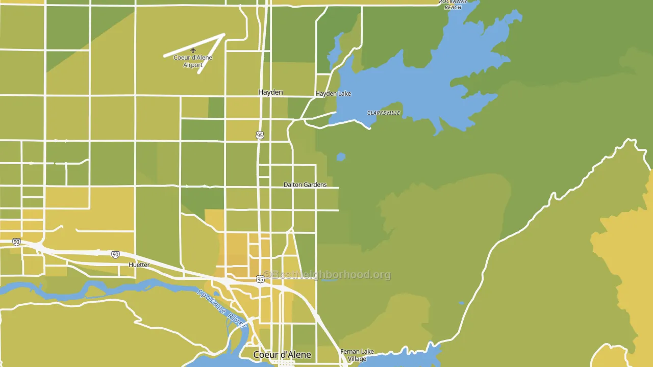 Map of the best neighborhoods in the Dalton Gardens area, with better matches in green and worse matches in red