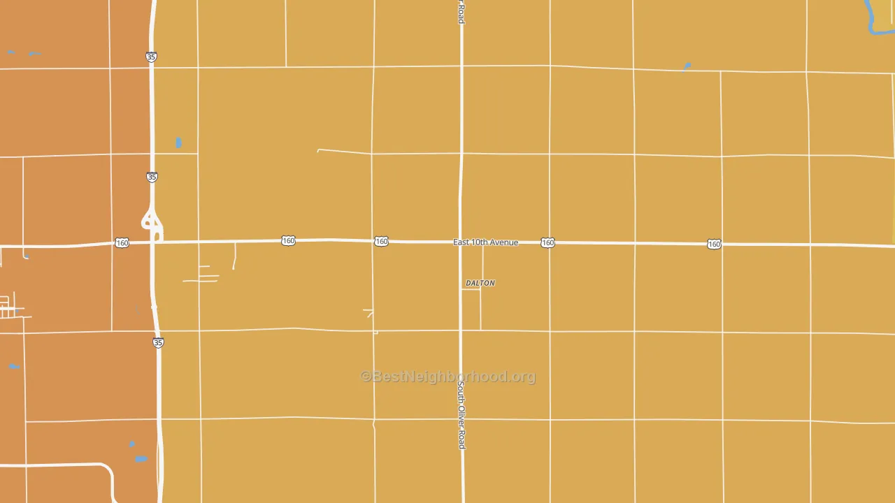 Map of the best neighborhoods in the Dalton area, with better matches in green and worse matches in red