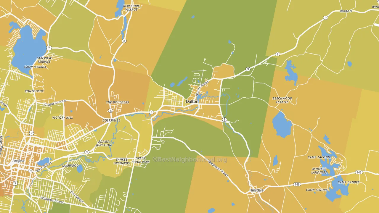Map of the best neighborhoods in the Dalton area, with better matches in green and worse matches in red