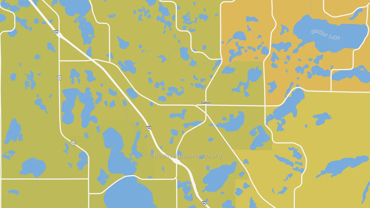 Map of the best neighborhoods in the Dalton area, with better matches in green and worse matches in red