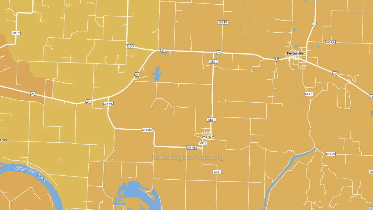 Map of the best neighborhoods in the Dalton area, with better matches in green and worse matches in red