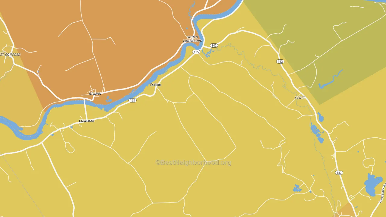 Map of the best neighborhoods in the Dalton area, with better matches in green and worse matches in red