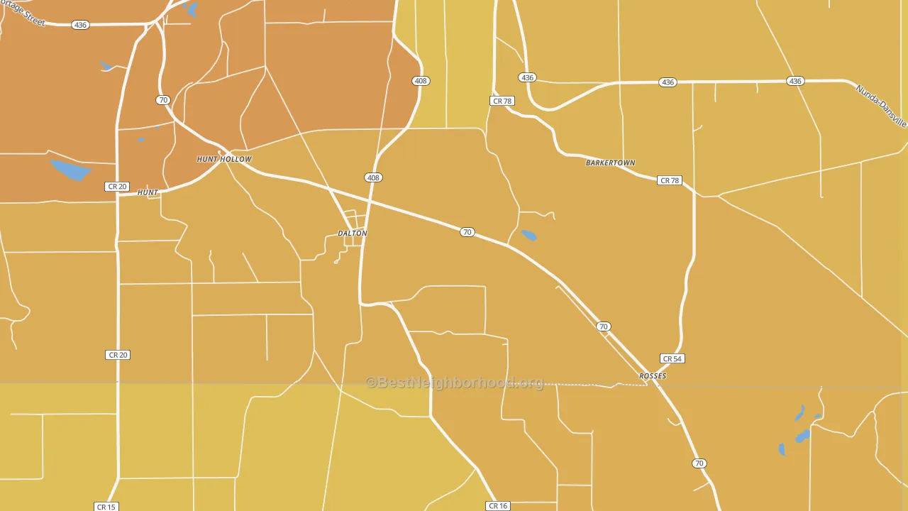 Map of the best neighborhoods in the Dalton area, with better matches in green and worse matches in red