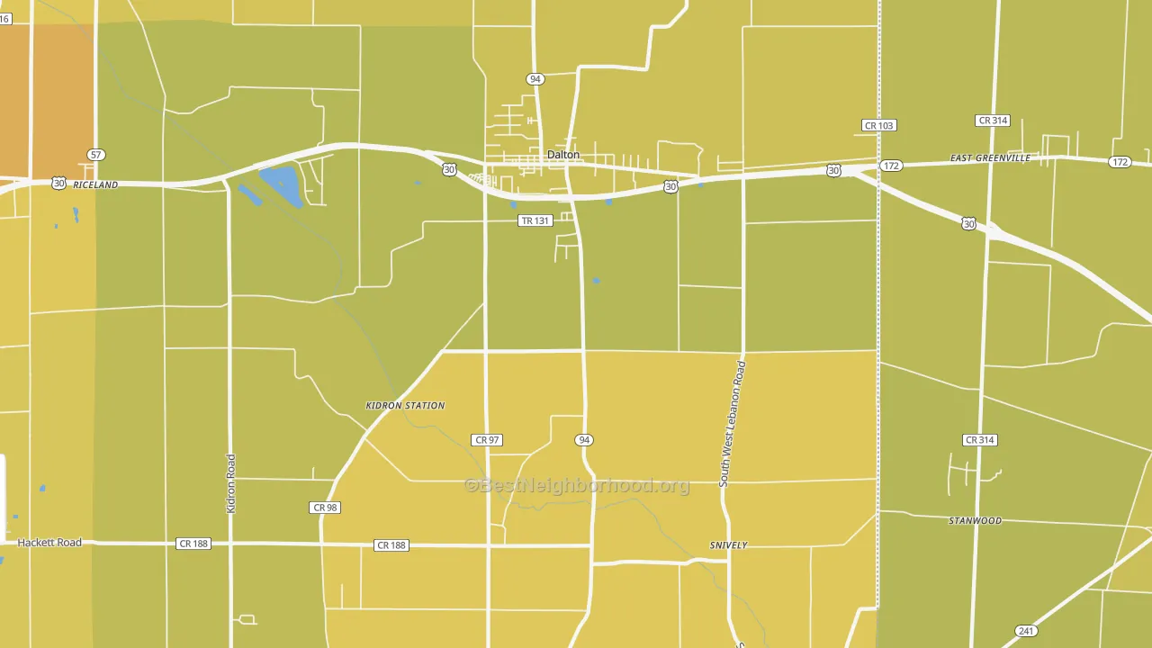Map of the best neighborhoods in the Dalton area, with better matches in green and worse matches in red